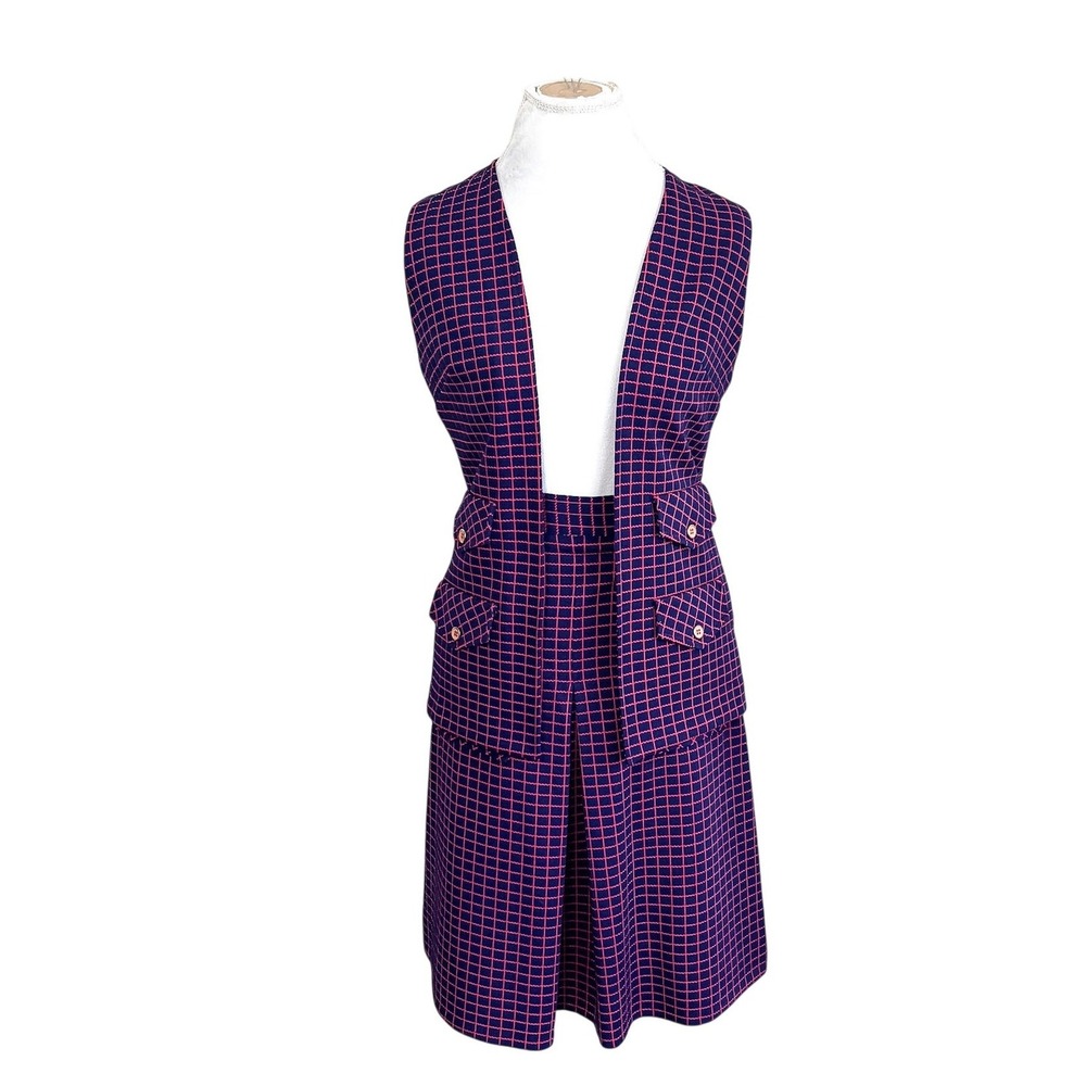 Vintage Plaid Retro Vest Skirt Suit Set Small Navy Red Mod Knit 2 Piece Academia